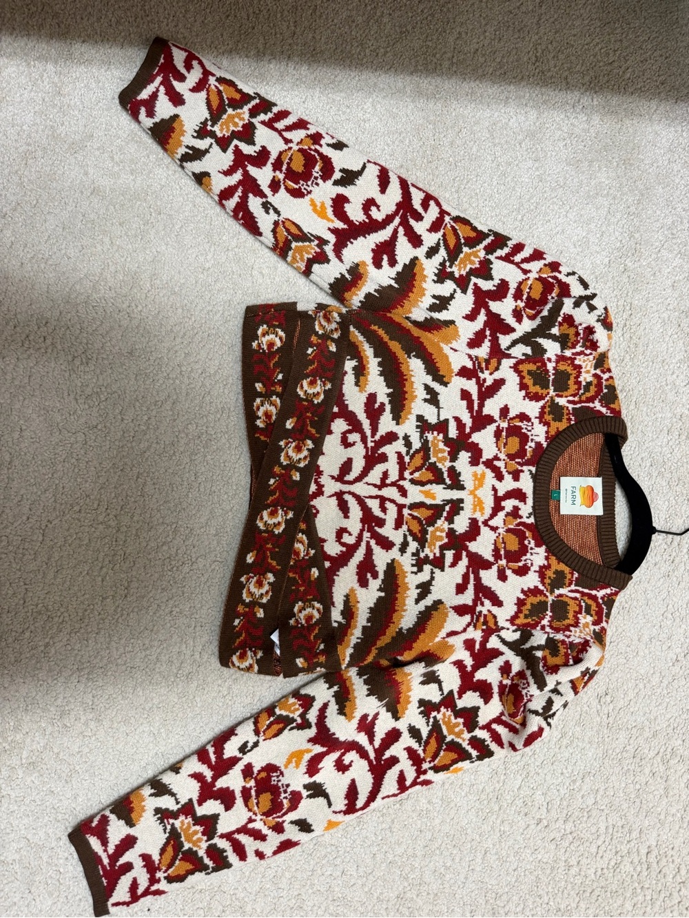 FARM Rio Multicolor Floral Crewneck Sweater in Red, Brown, Cream, Mustard